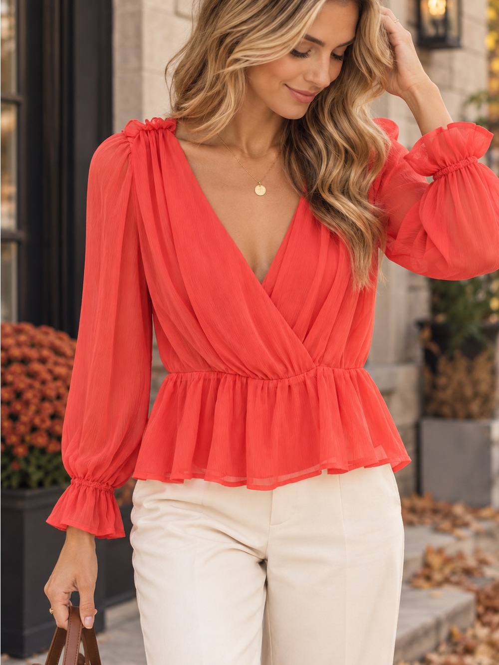 Flying Tomato Coral Wrap Peplum Blouse | Small | New With Tags